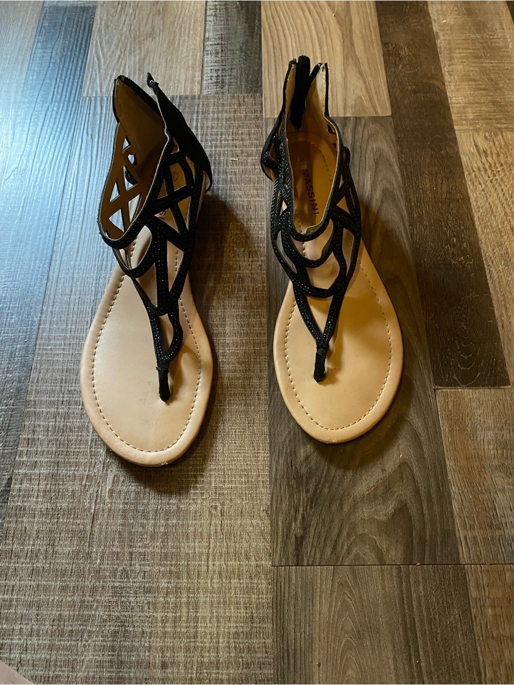 Massini Black Laser-Cut Gladiator Sandals with Tan Footbed